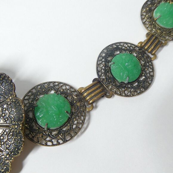 Metal Flower Link Belt w/ Carved Green Glass 26" Small Vintage Victorian - Picture 3 of 13